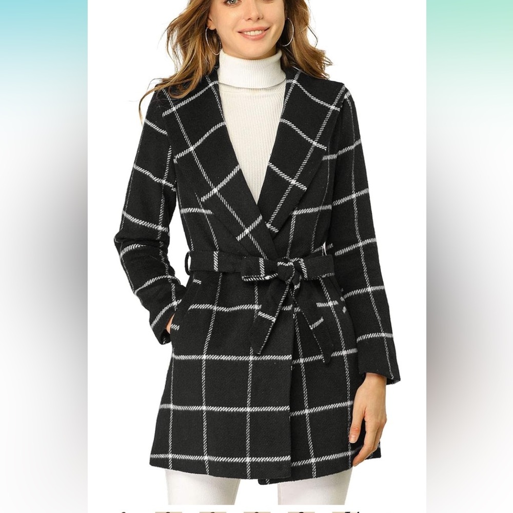 Women's Shawl Collar Check Belted Wrap Plaid Coat with Pockets - Picture 1 of 7